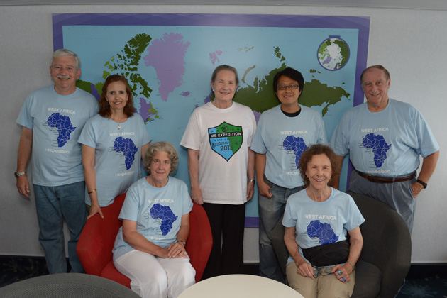 TCC members gather during the inaugural voyage of the M/S Expedition up the West Coast of Africa, from Cape Town to Dakar, April 6-May 1, 2013. Pictured, and their respective chapters, are: (seated) Jesssica Smith, Pennsylvania; Kirsten Loumeau, Los Angeles; (standing) Leon Hochman, Southeast Florida; Magali Hinojosa, Texas; Judy Walsh, Washington, D.C.; Wen-Hung Kuo, Taiwan; James Smith, Pennsylvania.