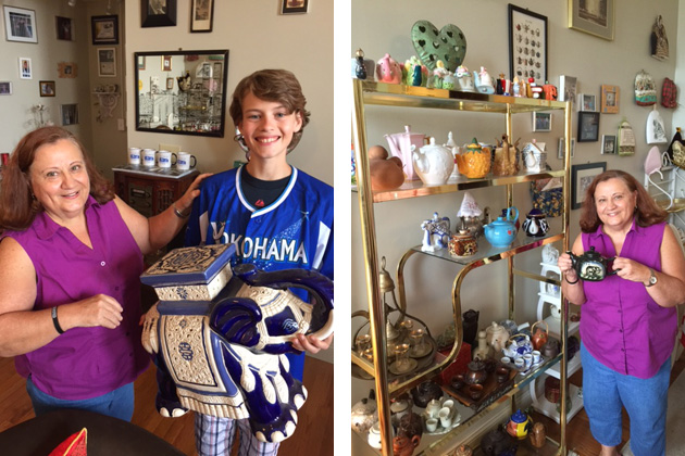 Anush Dawidjan showed members her many travel collections, including teapots, tea cozies, airplane pens, ceramics, masks, etc.